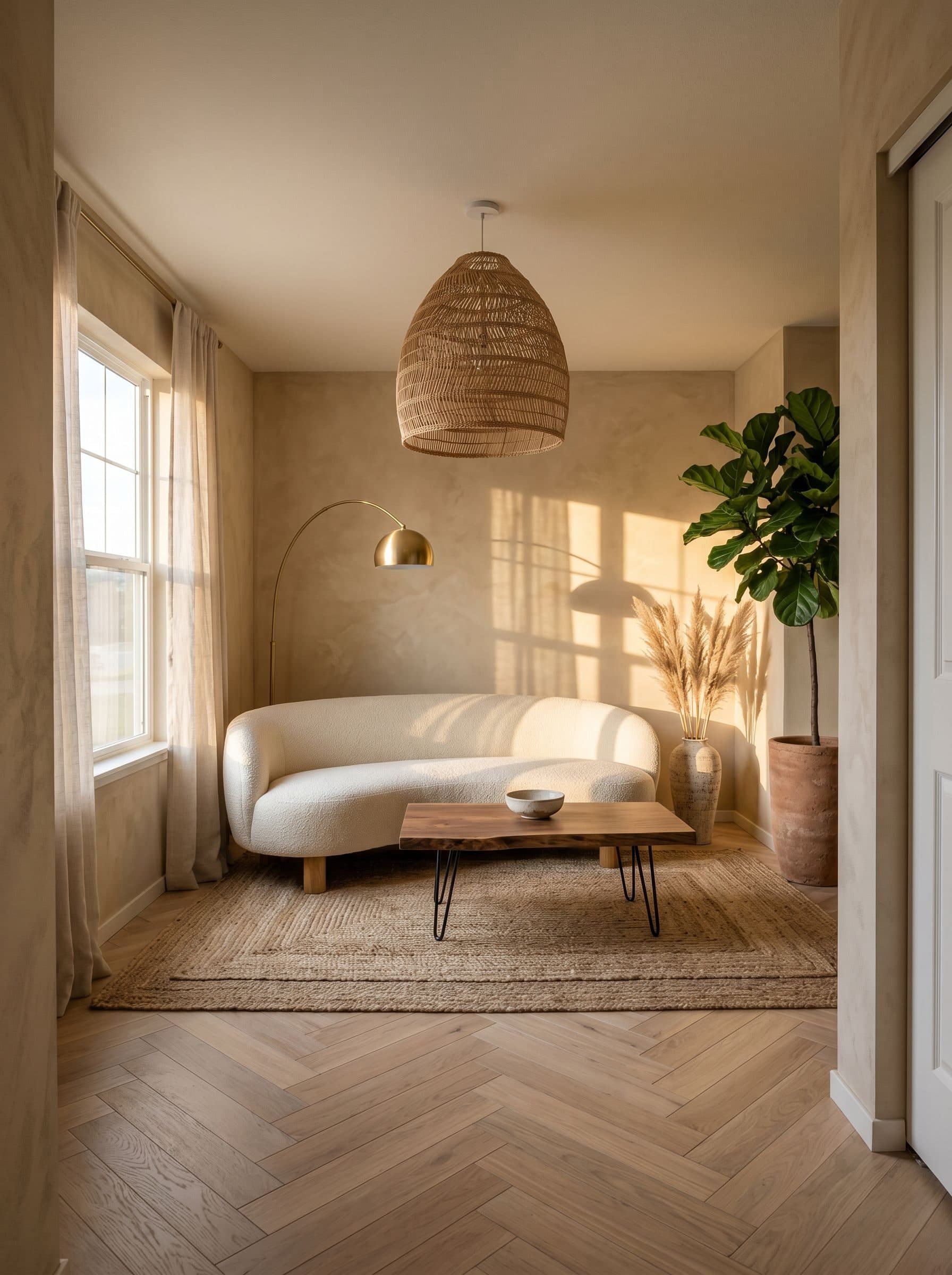 Living room redesigned in Warm Japandi style by Decoratly AI