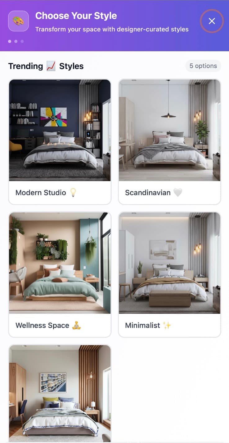Screenshot showing multiple photorealistic room transformations generated from AI chat conversation