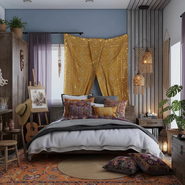 AI-designed cozy bohemian bedroom with warm textures, earthy tones, and layered textiles