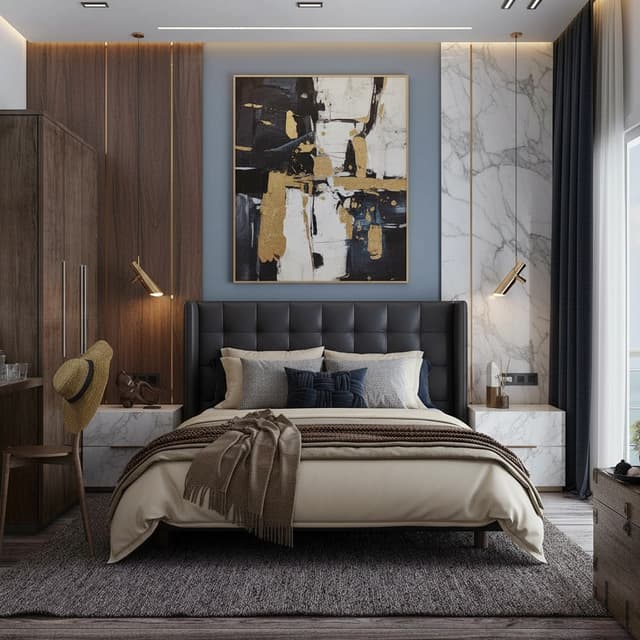 AI-designed modern luxury bedroom with sophisticated elegance, premium materials, and comfort