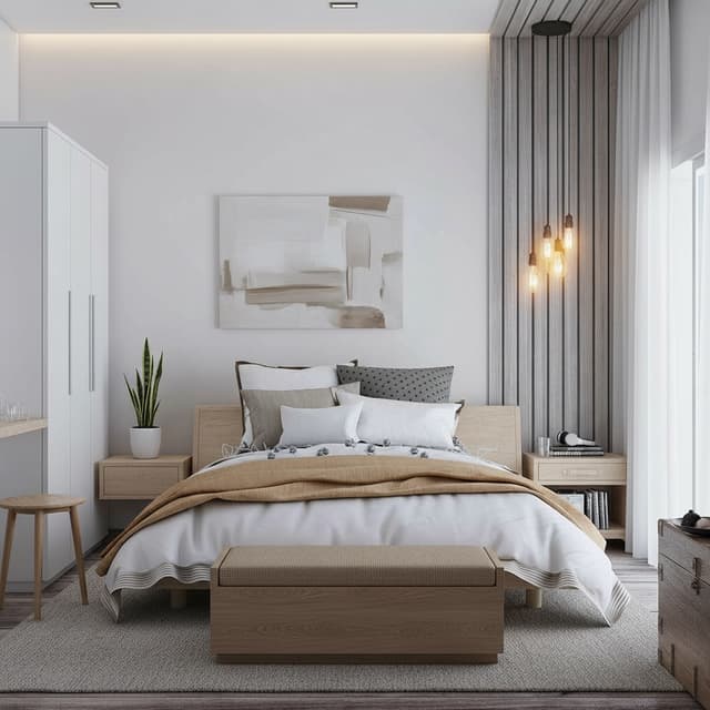 AI-designed minimalist zen bedroom with clean lines, calming neutrals, and peaceful atmosphere