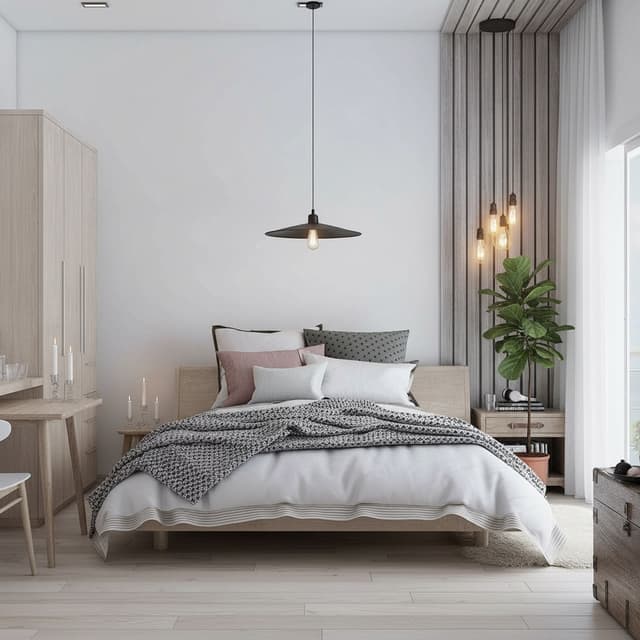 AI-designed Scandinavian bedroom with light woods, hygge vibes, and minimalist design