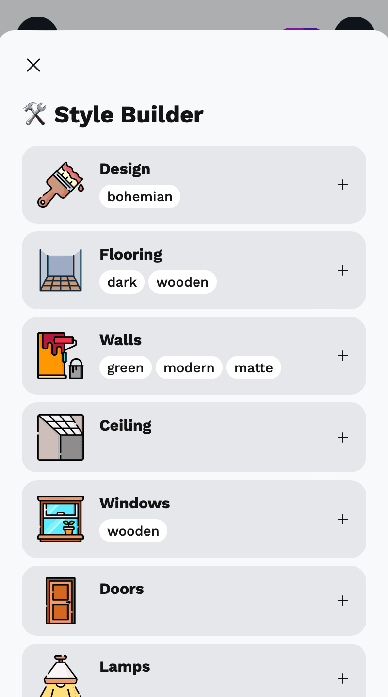 Screenshot of AI room design Style Builder interface showing categorized controls for customizing room elements including wall treatments, flooring options, furniture styles, lighting fixtures, and decorative accessories with visual thumbnails for easy selection