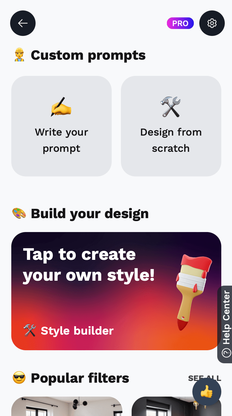 Screenshot of AI room design custom prompt interface showing a text input field where users can describe their desired room design in natural language, with example prompts and the resulting AI-generated room transformations displayed below