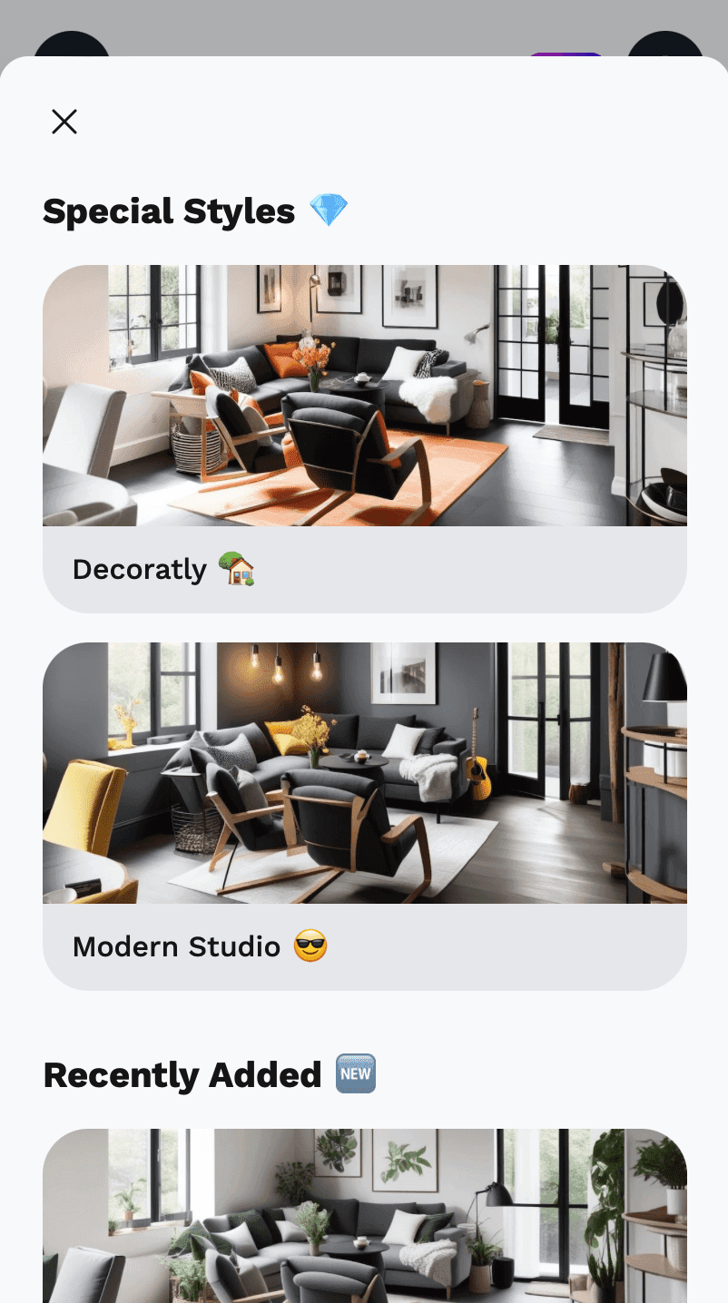 Screenshot of AI room design style selection interface showing a grid of professional interior design styles including modern, traditional, Scandinavian, industrial, and farmhouse options with preview thumbnails that users can click to instantly apply to their uploaded room photo