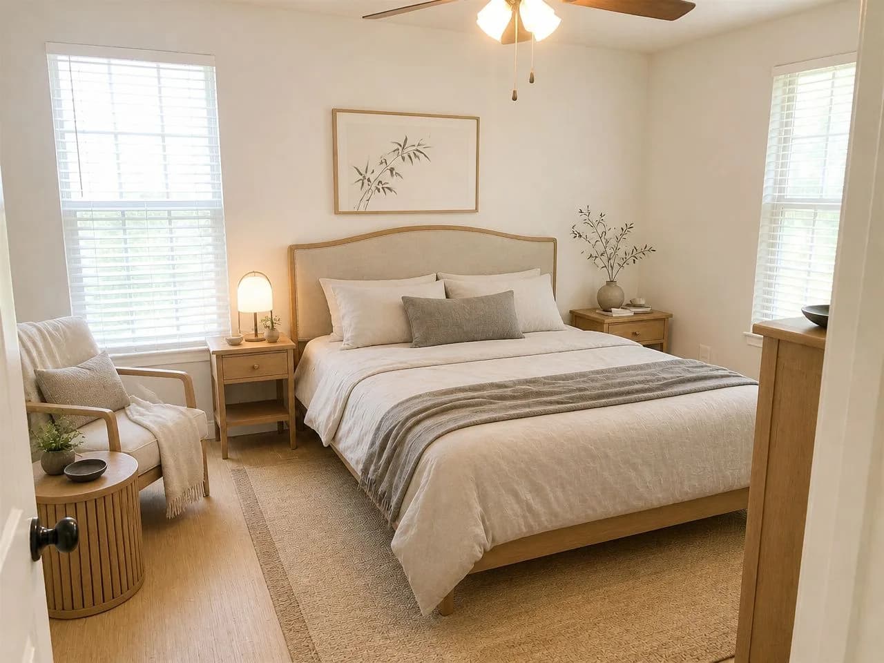 The same bedroom, same size and window, redesigned by Decoratly in the Japandi style