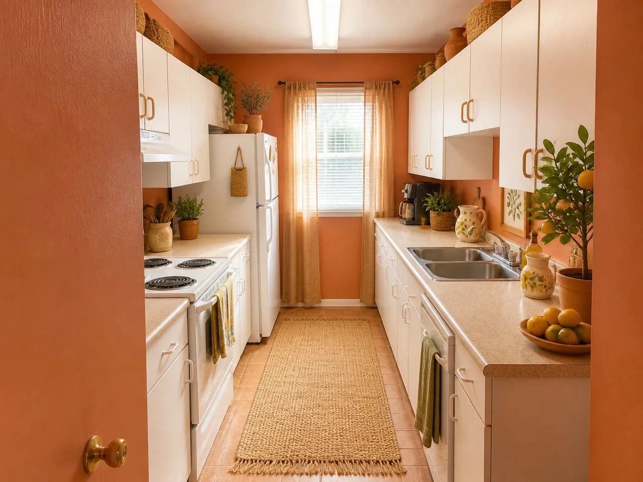 The same galley kitchen redesigned in the free Sunwashed Terracotta style