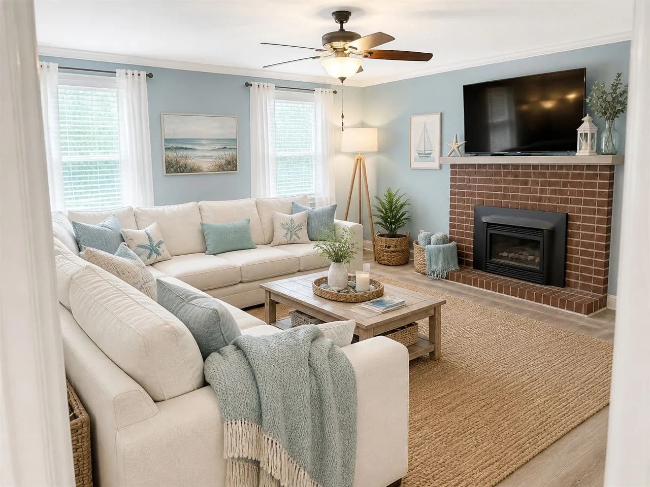 The same living room redesigned in Coastal style