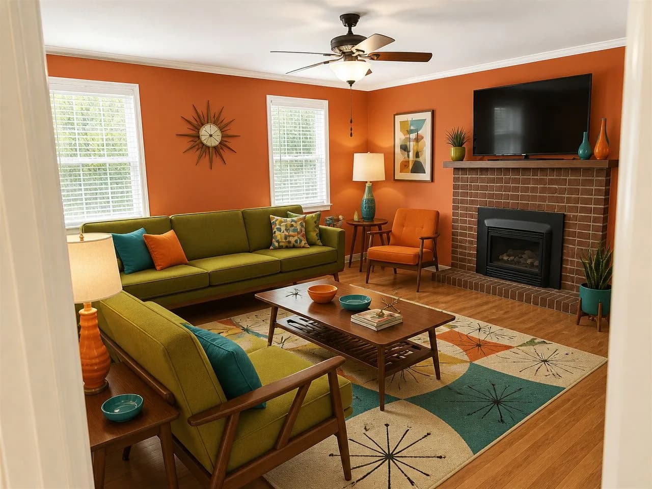 The same living room redesigned in Mid-Century Modern style