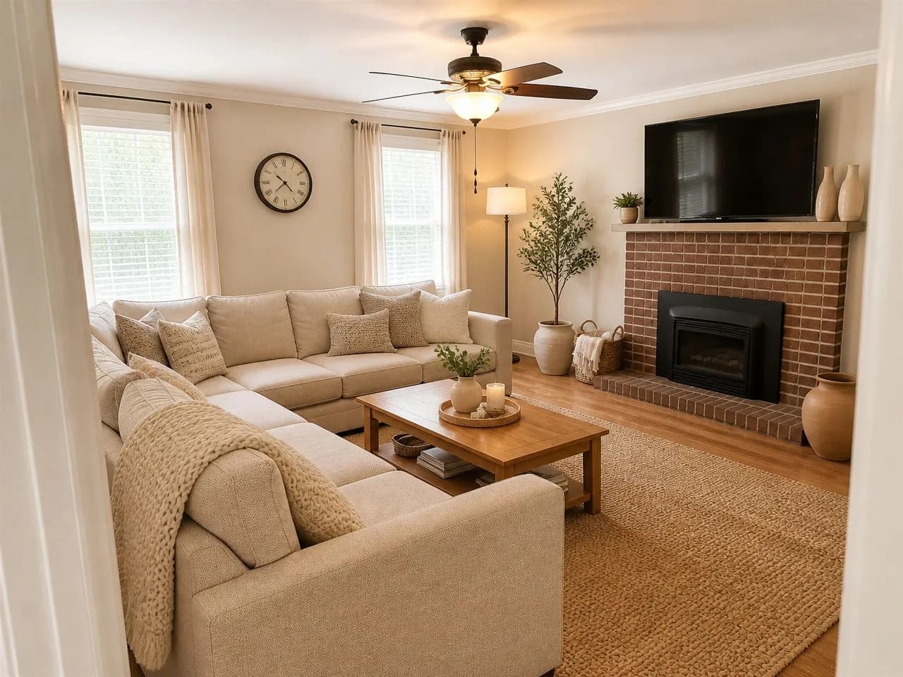 The same living room redesigned by AI in the free Warm Minimalist style