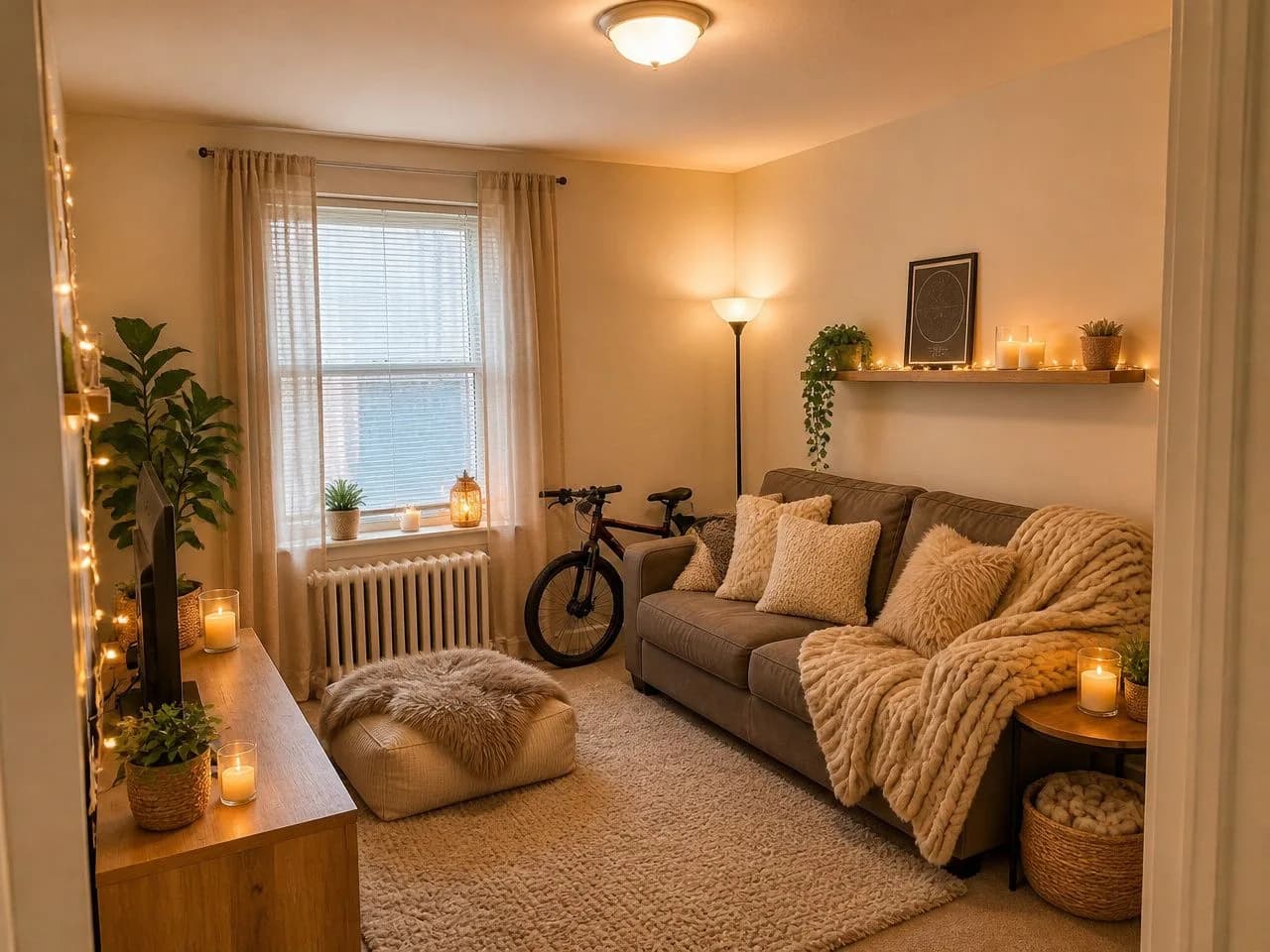 The same small living room redesigned in the free Hygge Haven style