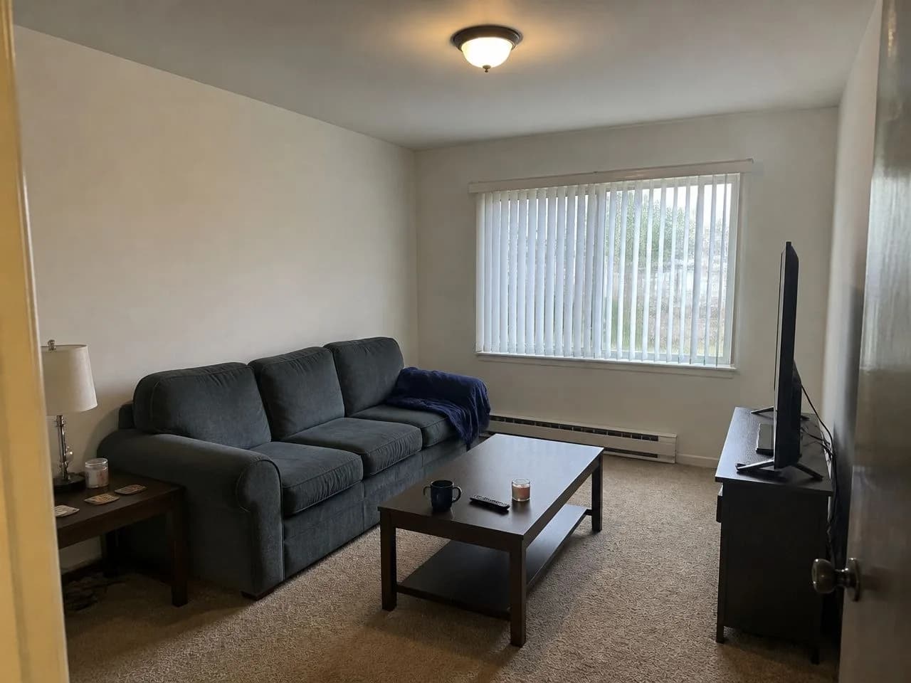 A plain living room with a gray sofa, beige carpet and vertical blinds, before the AI redesign