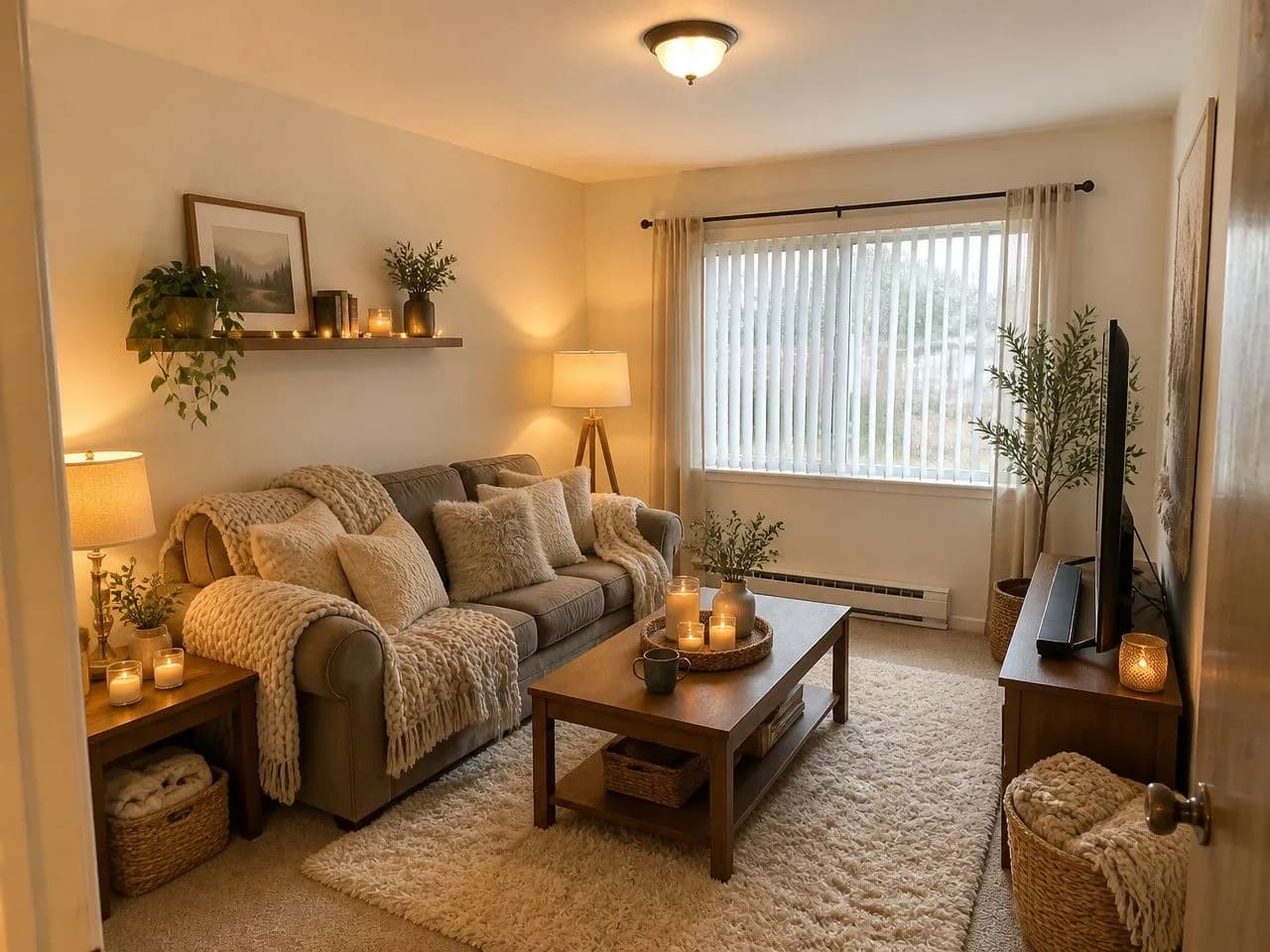 The same living room redesigned in the free Hygge Haven style