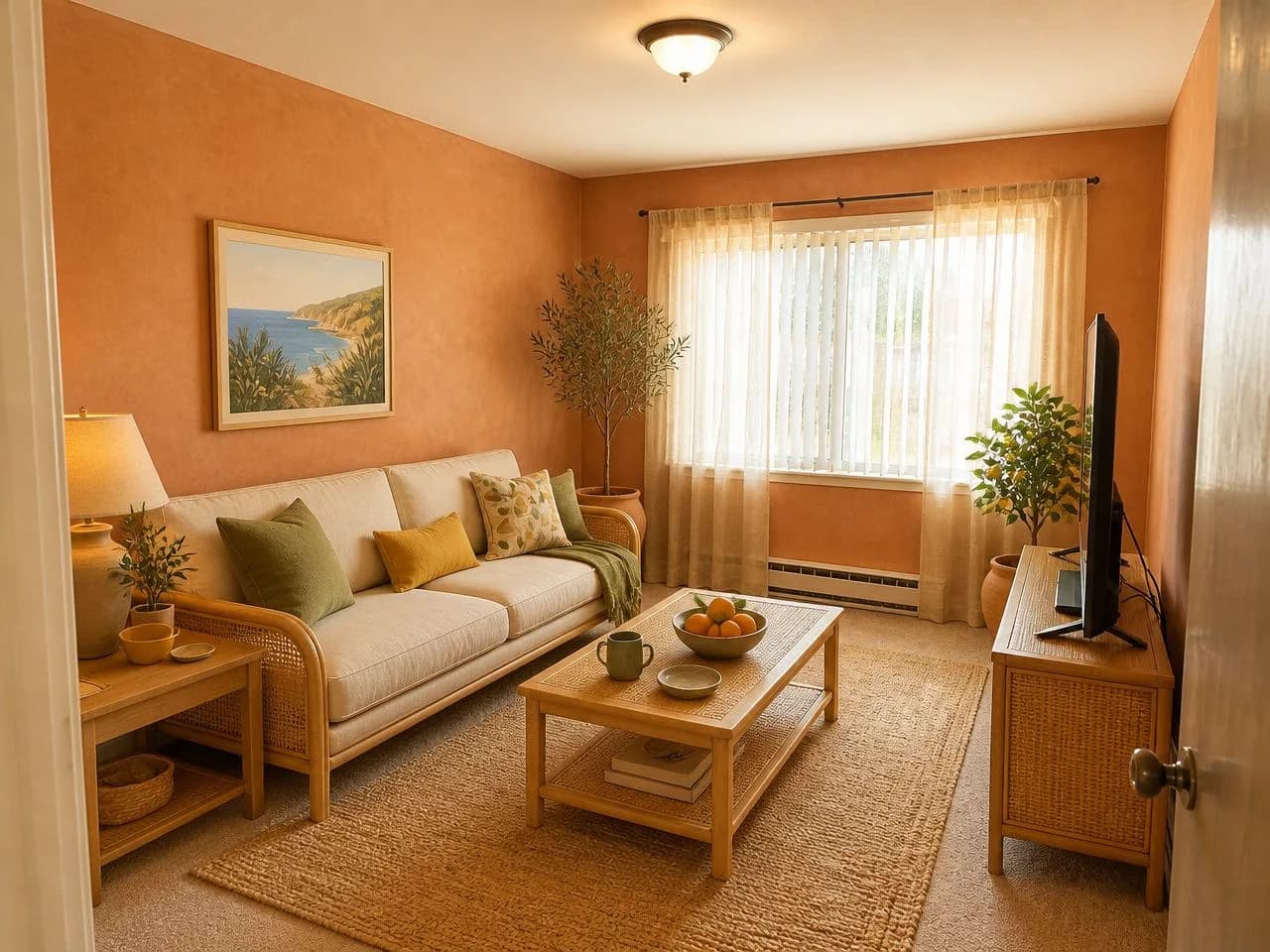 The same living room redesigned in the free Sunwashed Terracotta style