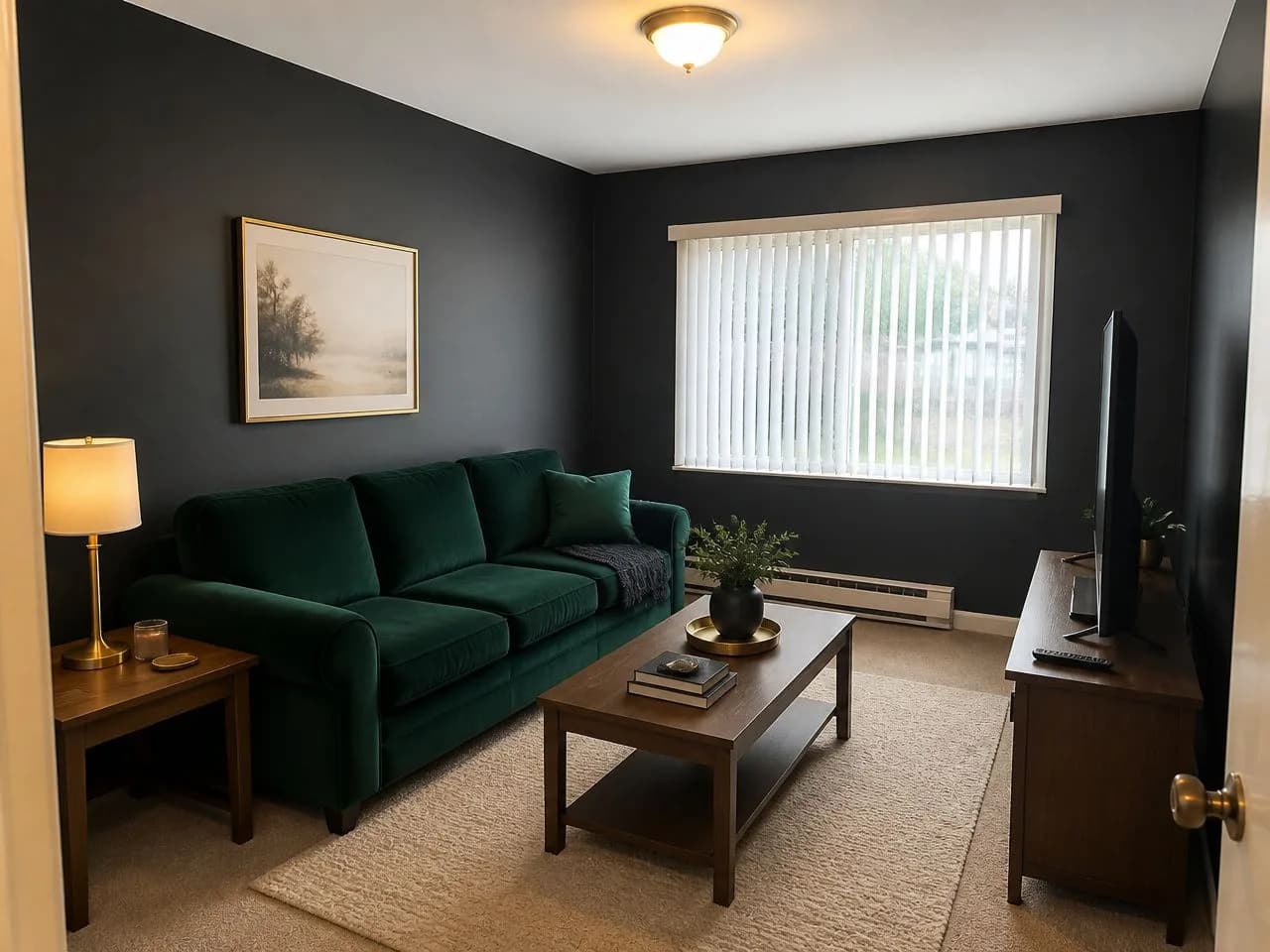 The same living room redesigned in the free Velvet Nightfall style