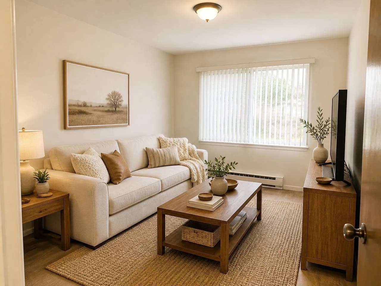 The same living room redesigned in the free Warm Minimalist style, with the same window and walls