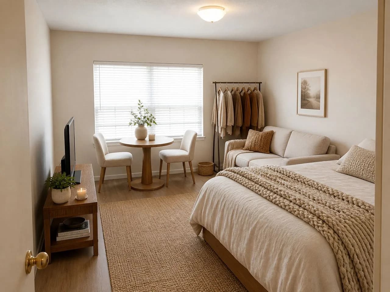 The same studio apartment redesigned in the free Warm Minimalist style