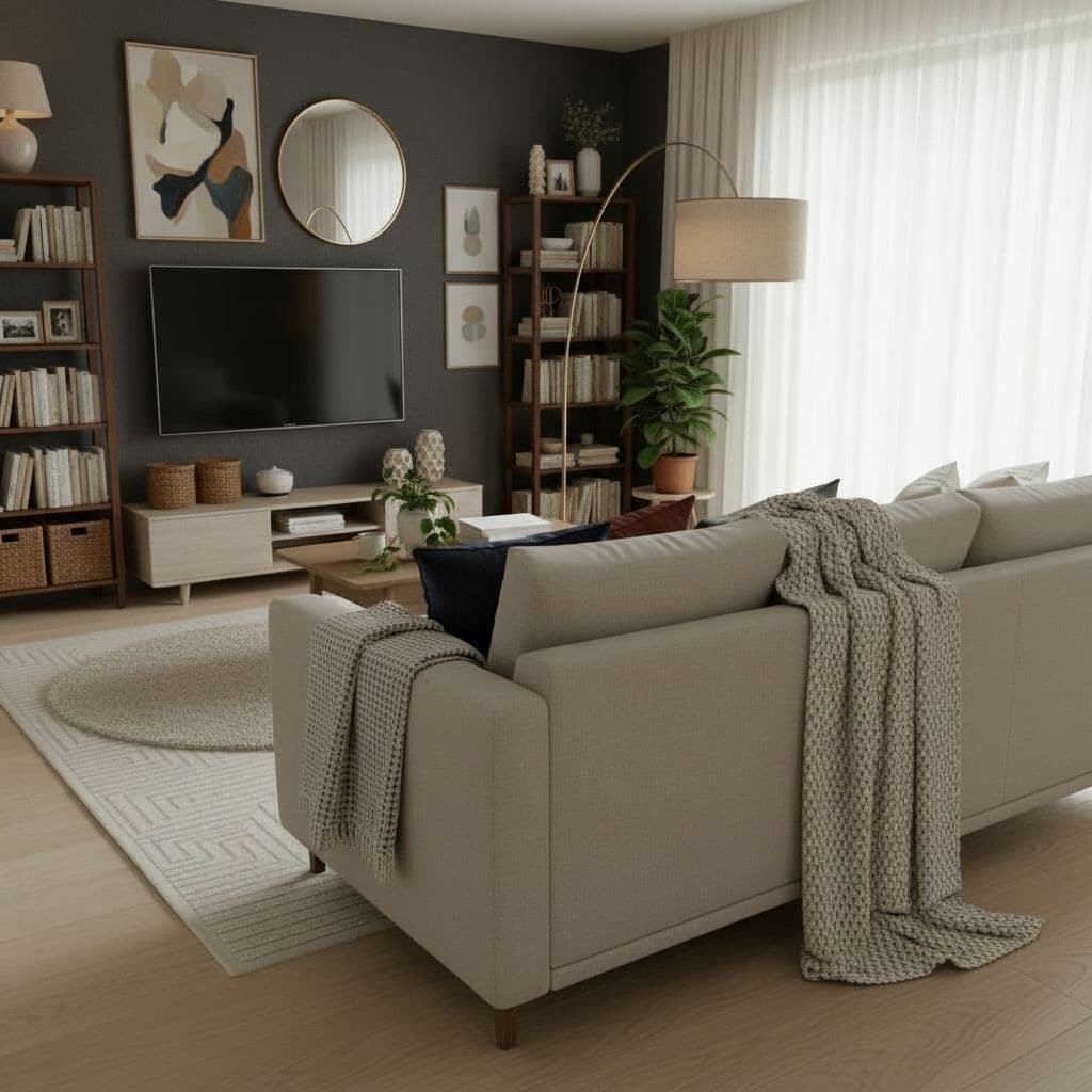 After home AI design transformation - modern living room with contemporary furniture, stylish decor, and professional interior design completed in 30 seconds