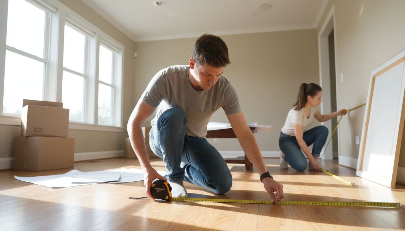 Two people measuring an empty room with tape measures along the floor and wall