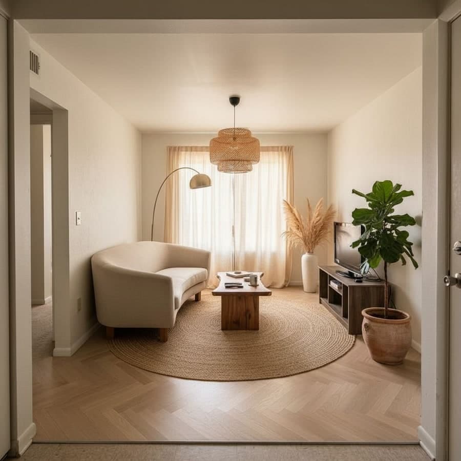 Living room warm Japandi room AI redesign by Decoratly