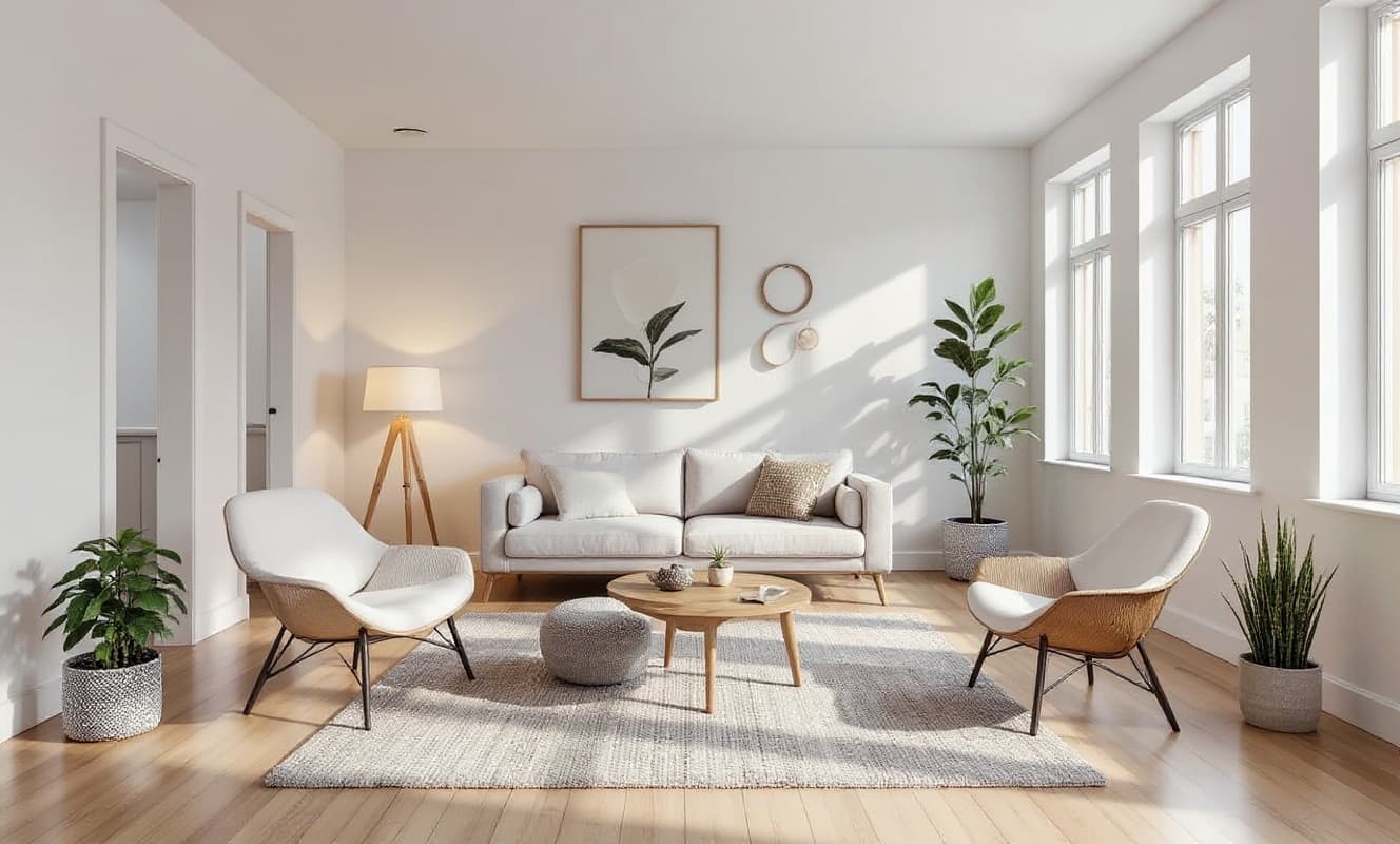 The same room with a sofa, chairs, a rug and art added by the AI edit tools
