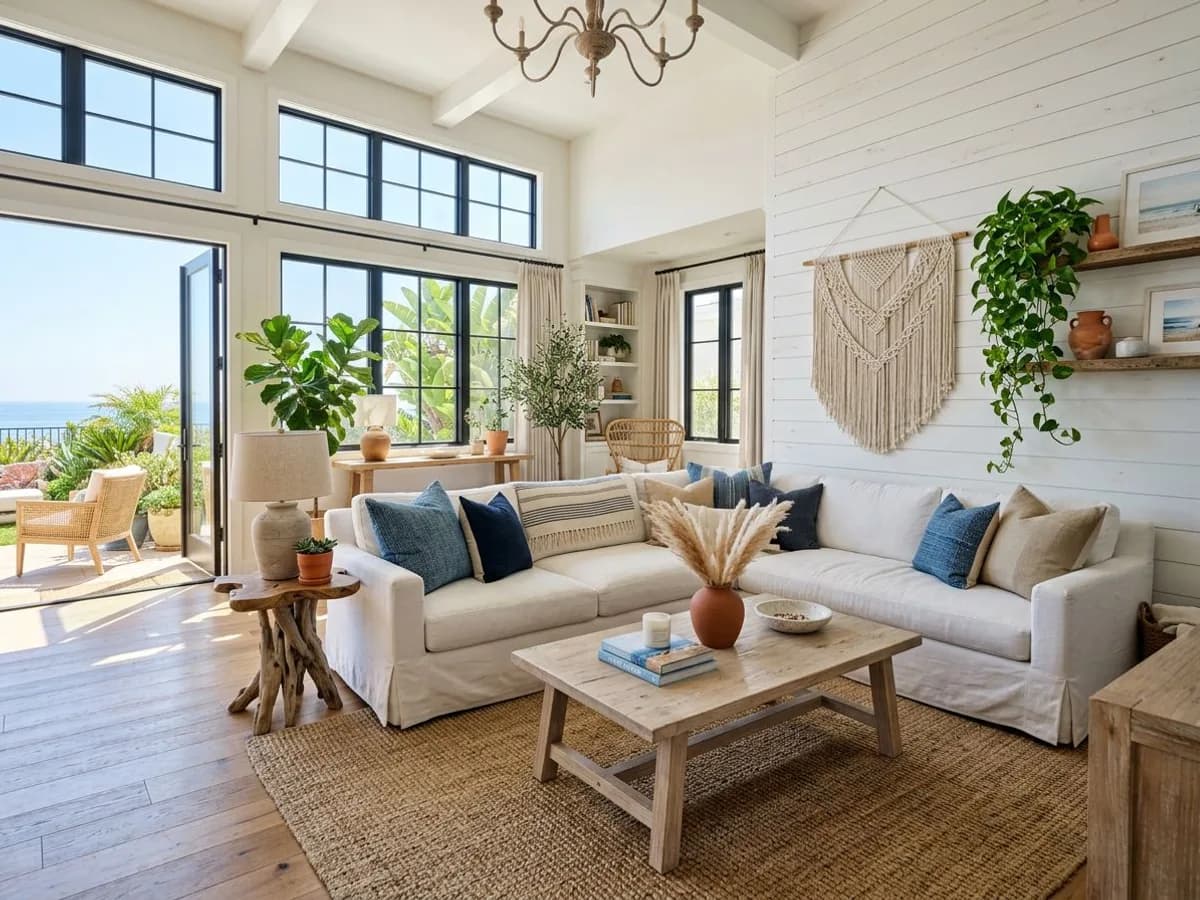 living room coastal california - AI room design example