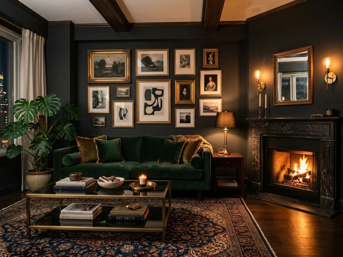 living room dark luxe moody - AI room design example