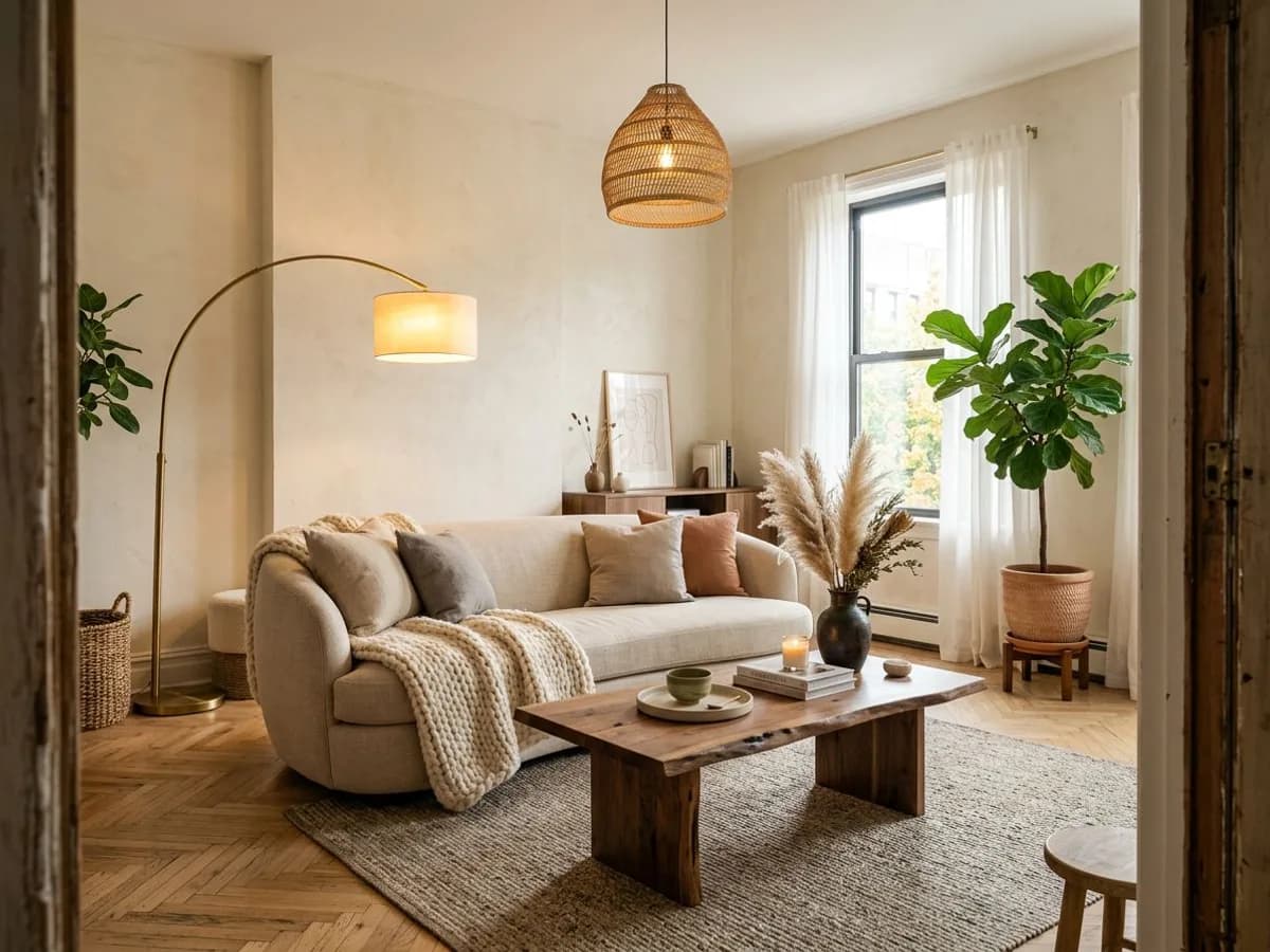 living room warm japandi - AI room design example