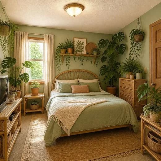 The same bedroom redesigned in Botanical Greenhouse style with AI
