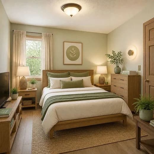 The same bedroom redesigned in Eco Luxe style with AI