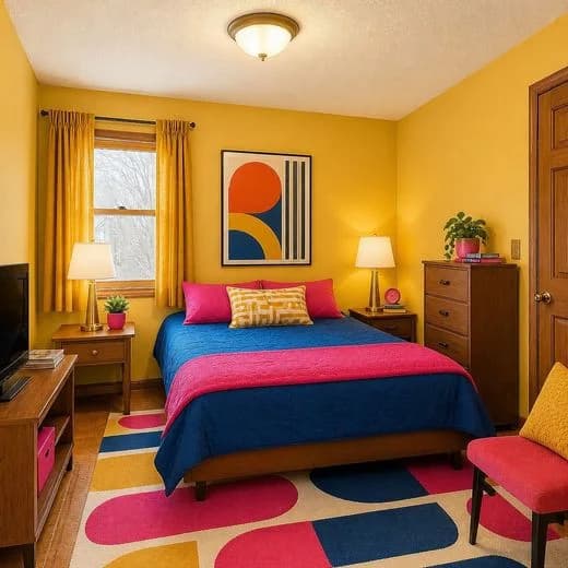 The same bedroom redesigned in Electric Retro style with AI