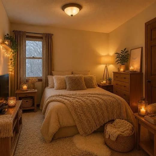 The same bedroom redesigned in Hygge Haven style with AI