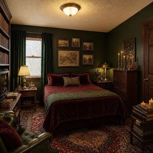 The same bedroom redesigned in Moody Library style with AI