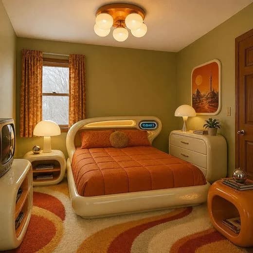 The same bedroom redesigned in Retro Future style with AI