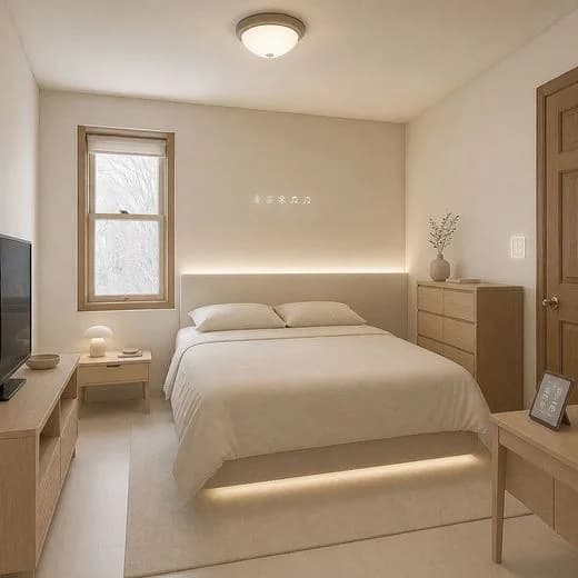 The same bedroom redesigned in Techno Minimal style with AI