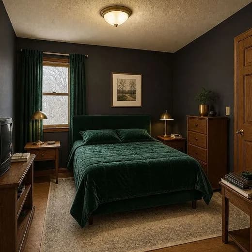 The same bedroom redesigned in Velvet Nightfall style with AI