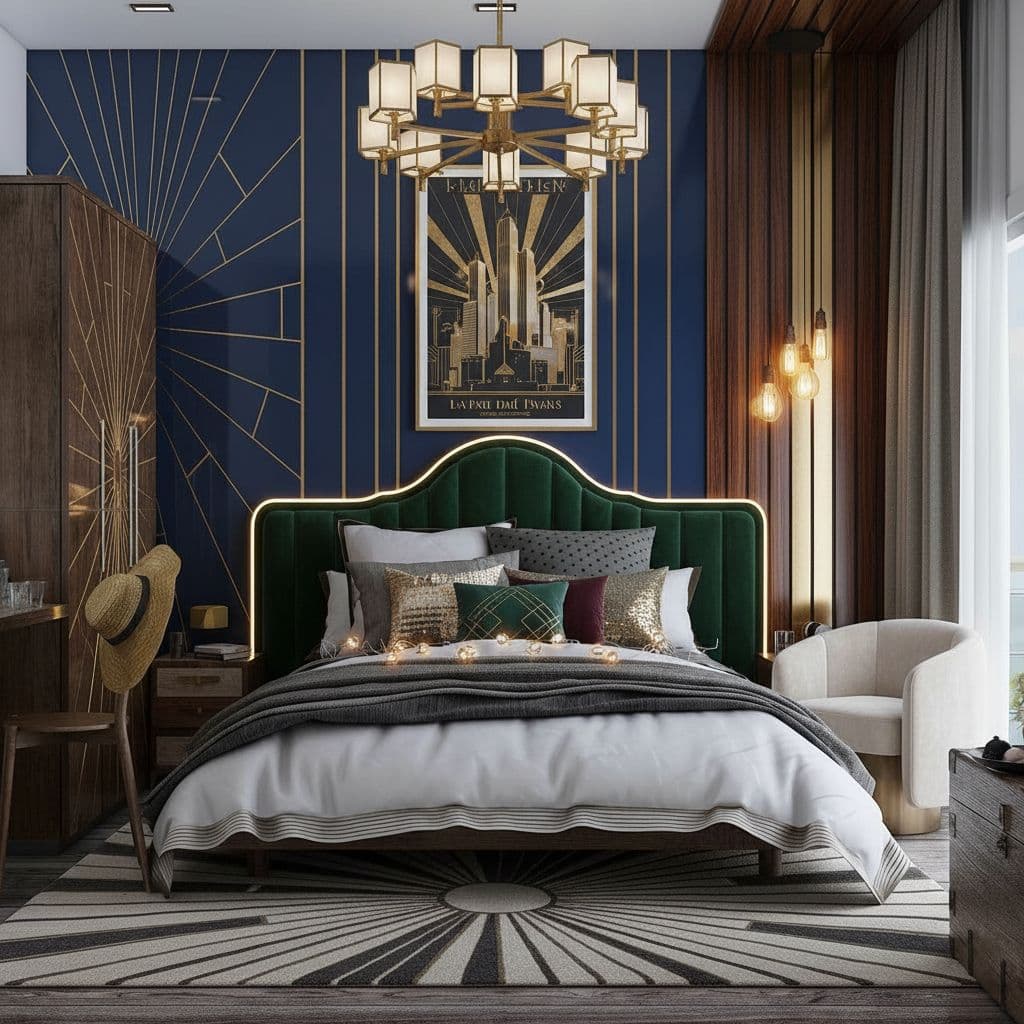 Art deco dining room with brass pendant lights, chevron floors and dramatic geometric wall panels