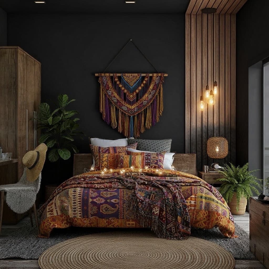 Boho living room with layered woven textiles, rattan furniture and warm earth-tone palette