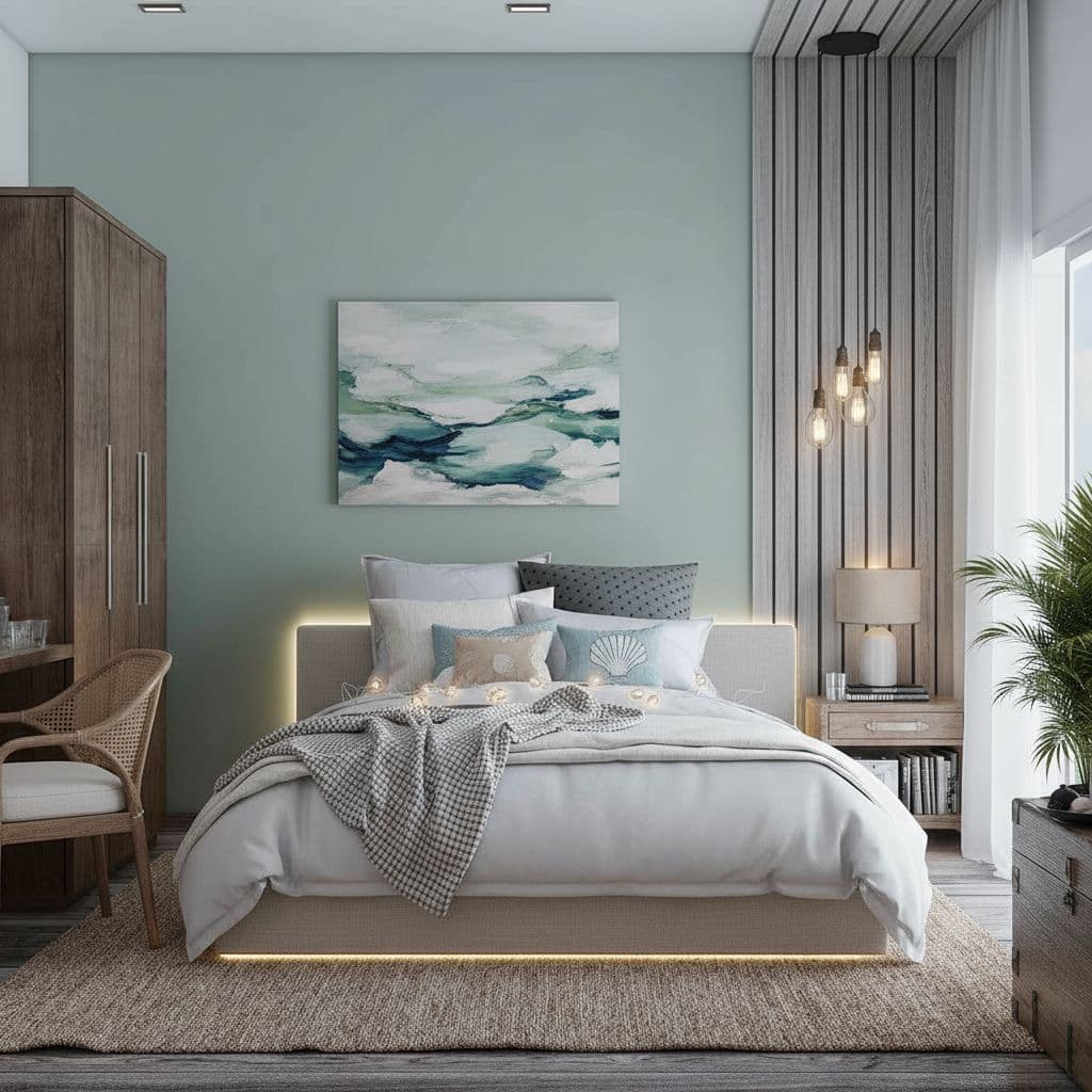 Coastal bedroom render with crisp whites, ocean blues and woven natural-fiber textures