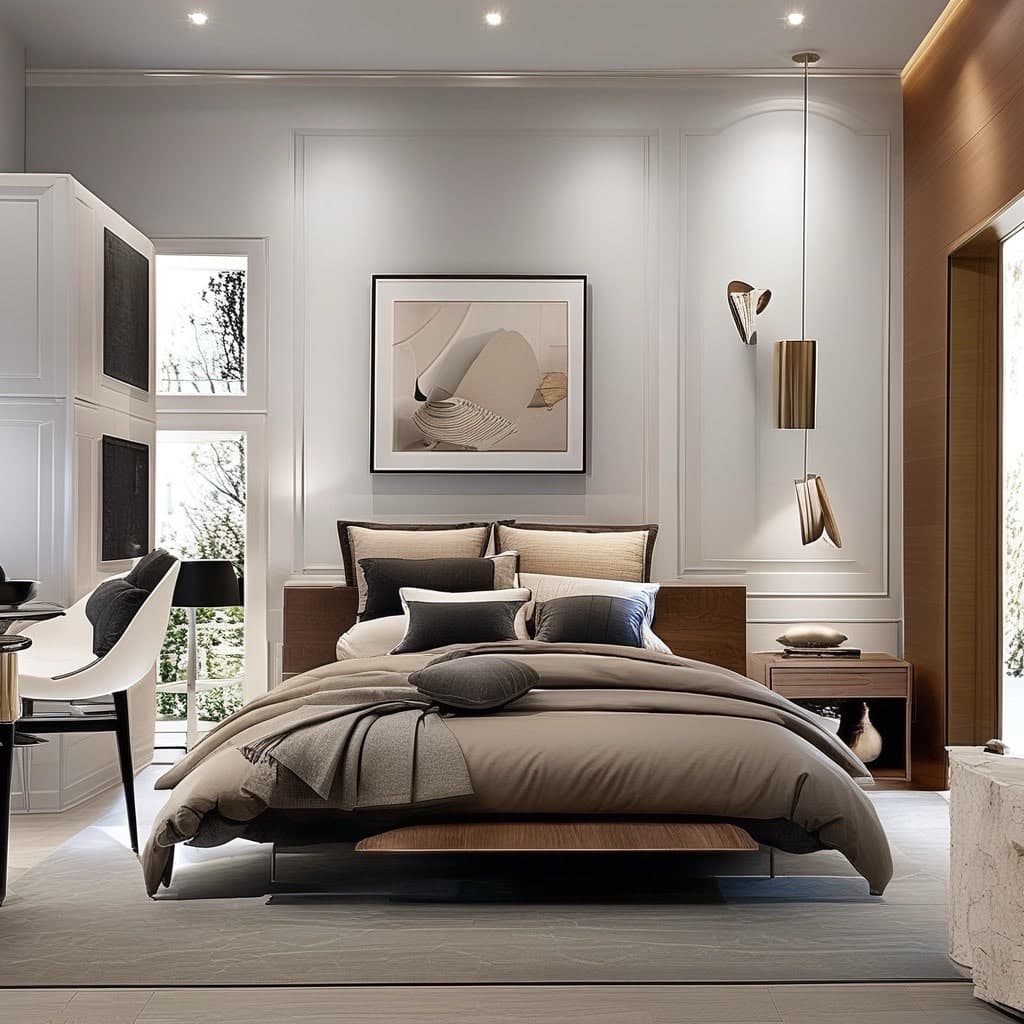 Contemporary open-plan living room with mixed materials, organic shapes and warm accent lighting