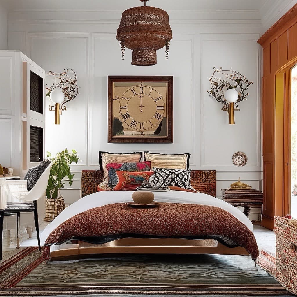 Eclectic room pairing a mid-century armchair with an antique kilim rug and contemporary pendant