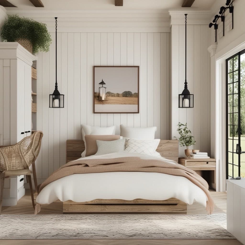 Farmhouse kitchen render with white shiplap walls, sliding barn door and warm wood accents