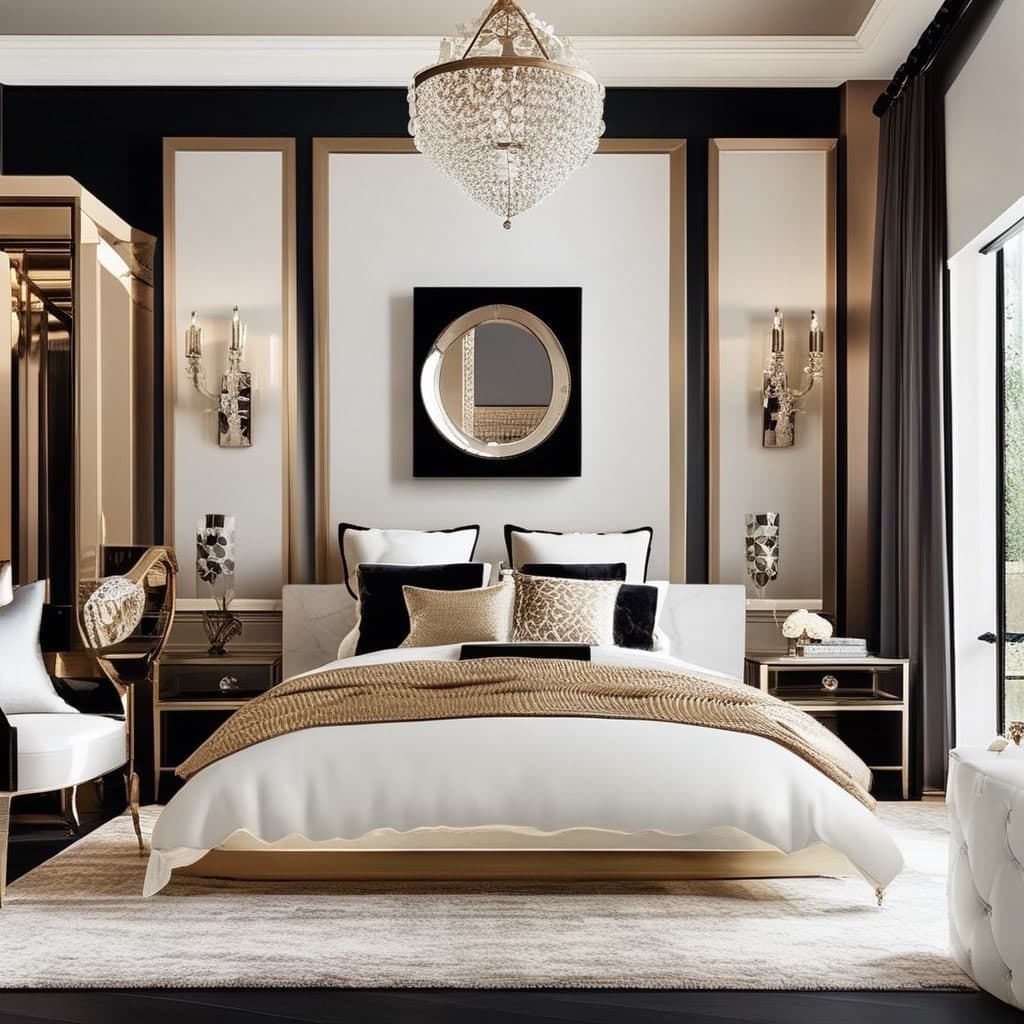 Glam bedroom with tufted velvet headboard, mirrored nightstands and brushed-gold pendant lights