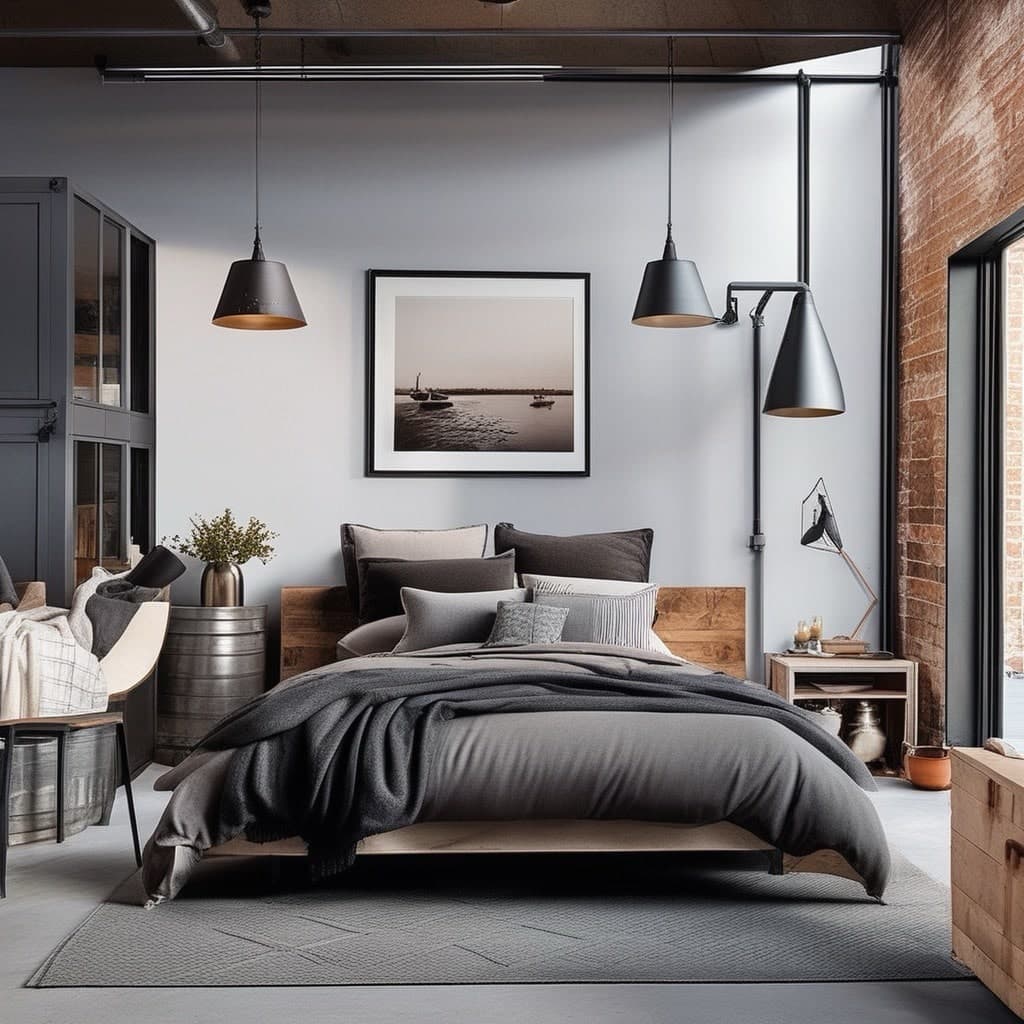 Industrial loft render with exposed brick walls, steel beams and reclaimed wood shelving
