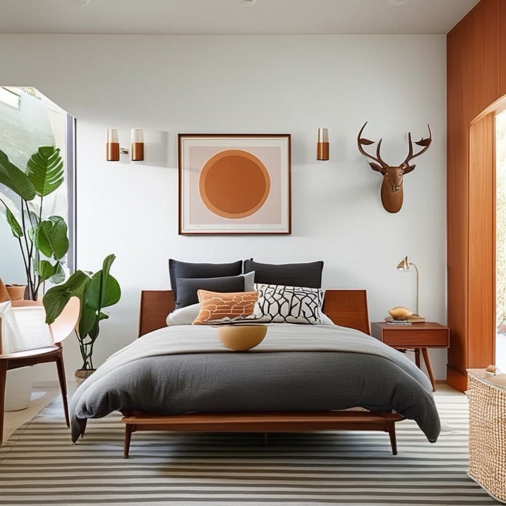 Mid-century modern lounge with walnut credenza, tapered-leg sofa and bold geometric rug
