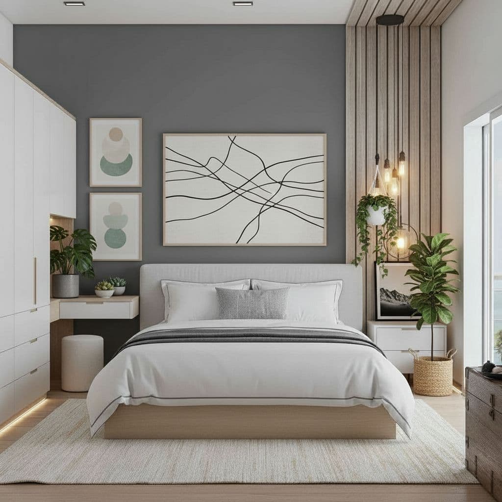 Minimalist bedroom render with monochromatic palette, uncluttered surfaces and abundant natural light