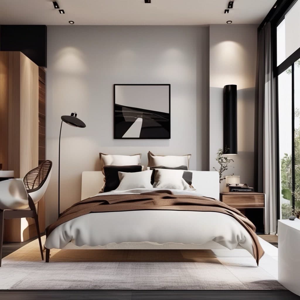 Modern living room render showing clean architectural lines, warm neutrals and statement lighting