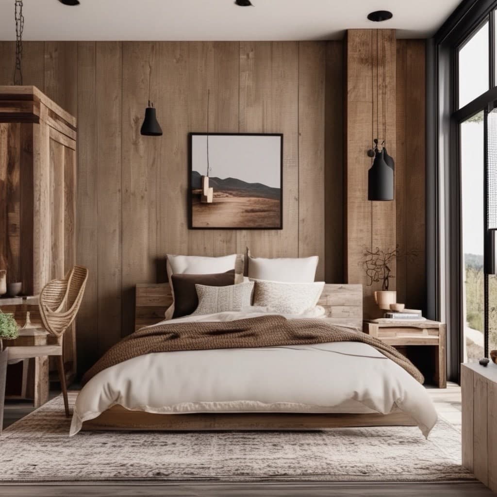 Rustic living room with exposed wood ceiling beams, stone fireplace and plaid wool throw