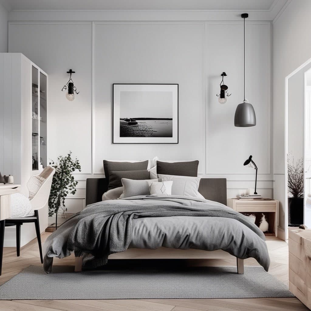 AI-rendered Scandinavian living room with pale oak floors, white walls and minimalist furniture