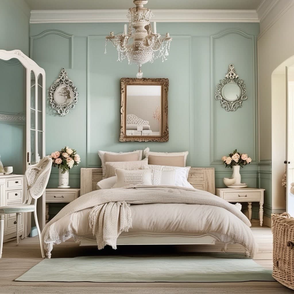 Shabby chic bedroom with distressed white furniture, soft floral wallpaper and vintage rose accents